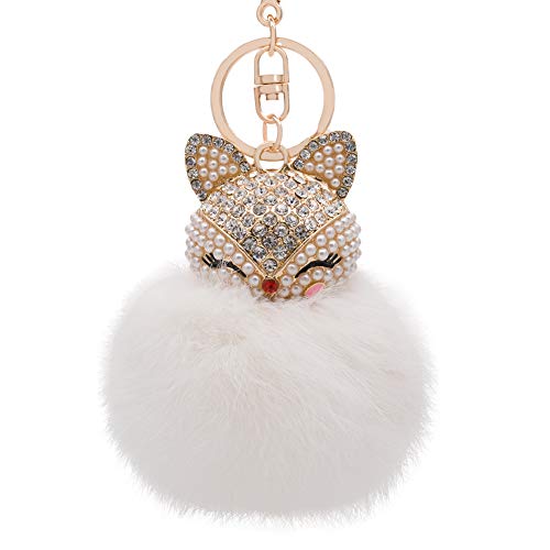 HOYUNLA Rabbit Fur Ball Pom Pom Keychain with Fox Head Studded with Synthetic Pearl Rhinestone for Womens Bag Car Key Chain Charm Pendant Decoration (white) - Image 1