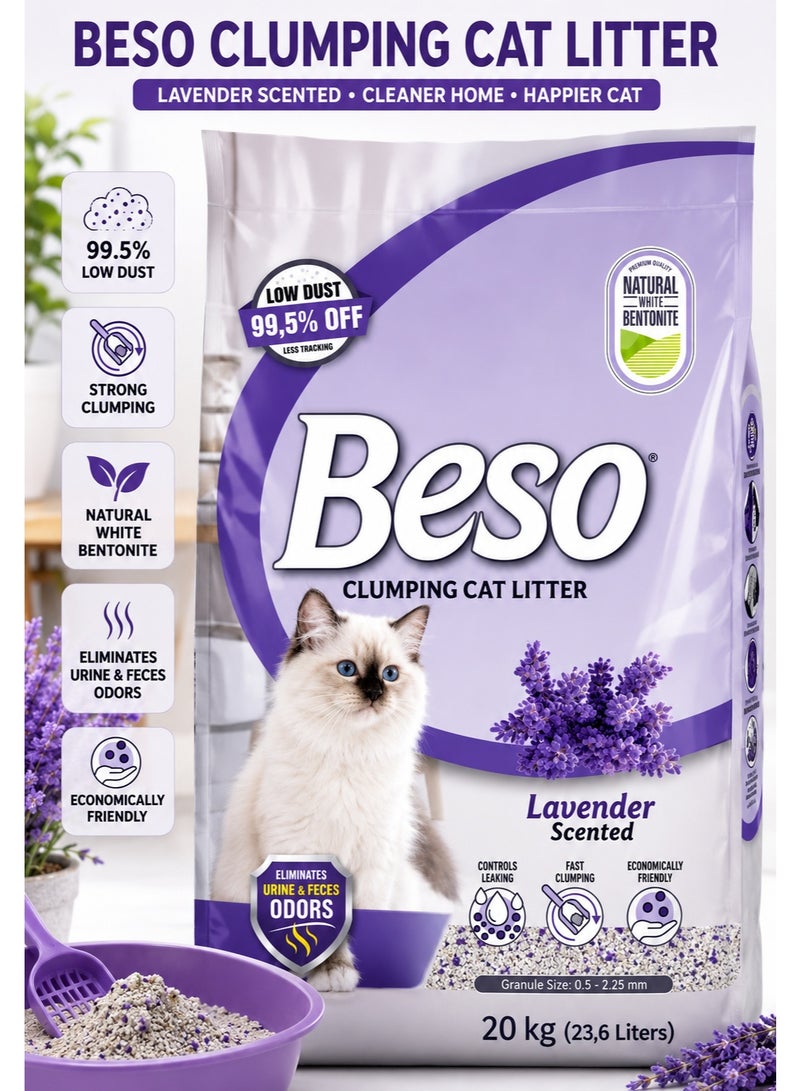 Beso Lavender Scented Clumping Cat Litter 20 kg – Natural White Bentonite, Strong Clumping, Low Dust & Odor Control - Image 1