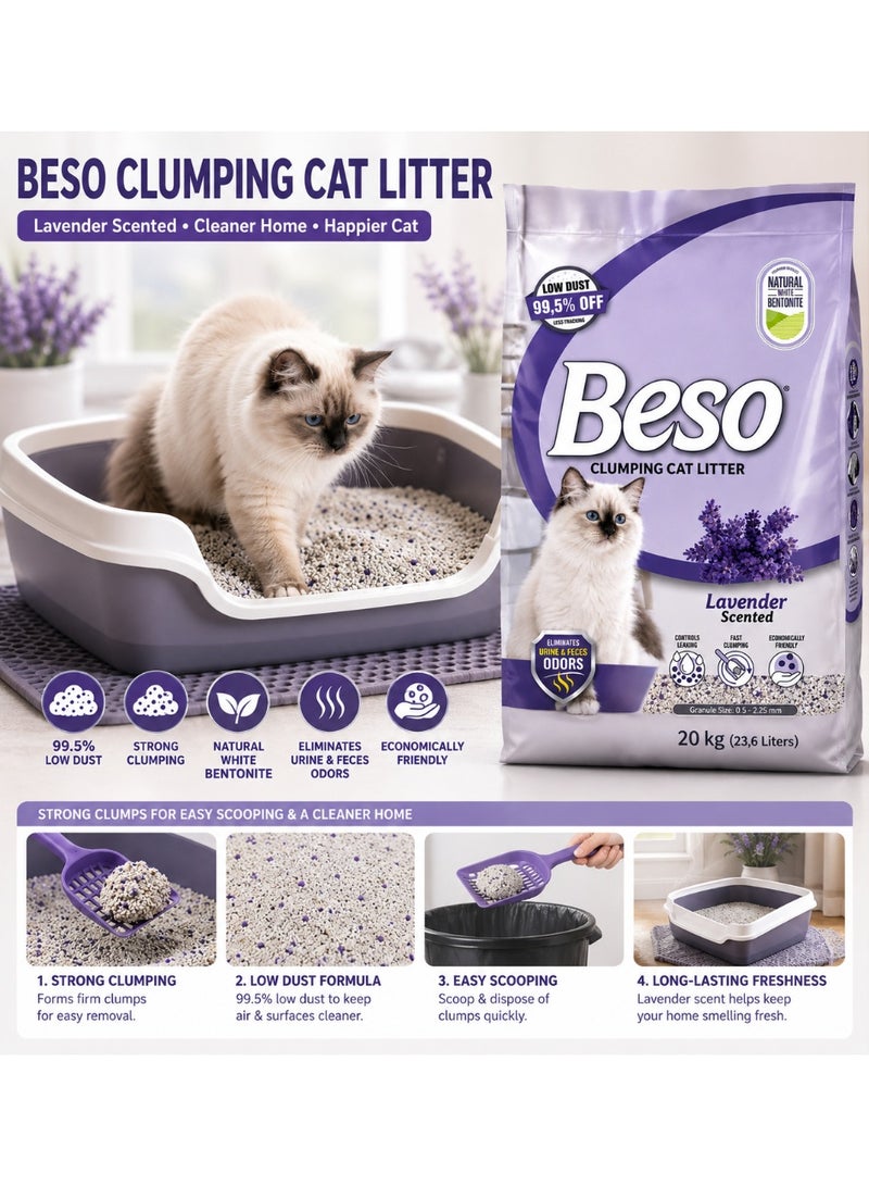 Beso Lavender Scented Clumping Cat Litter 20 kg – Natural White Bentonite, Strong Clumping, Low Dust & Odor Control - Image 2