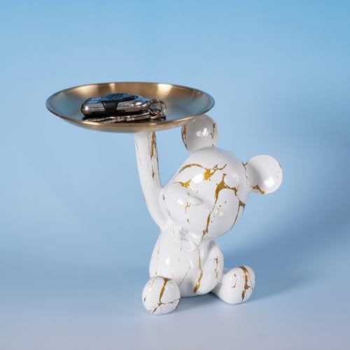 Coniuty Bear Jewelry Tray Organizer for Keys, Lipsticks, Earrings and Accessories, Bear Statue Suitable for Living Room, Office, Entryway Table and More (White & Gold) - Image 1