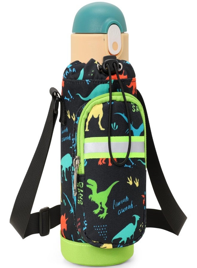 BrainyBees Water Bottle Carrier for Kids - Water Bottle Holder with Strap, Boys Water Bottle Sling Bag for 10/12/14/16/18Oz Water Bottles Walking Hiking Camping, Black Dinosaur - Image 1