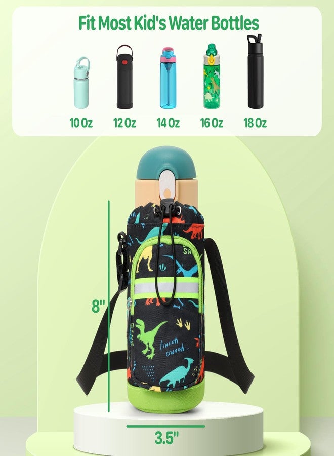BrainyBees Water Bottle Carrier for Kids - Water Bottle Holder with Strap, Boys Water Bottle Sling Bag for 10/12/14/16/18Oz Water Bottles Walking Hiking Camping, Black Dinosaur - Image 2
