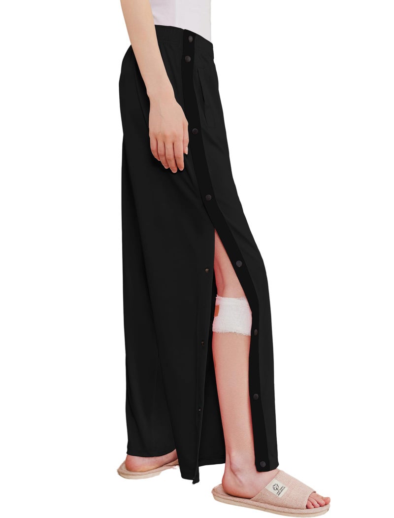 Deyeek Women's Tear Away Pants Side Split Snap Open Bottom Sweatpants Leg Breakaway Post Surgery Pants with Pockets Pure Black - Image 1