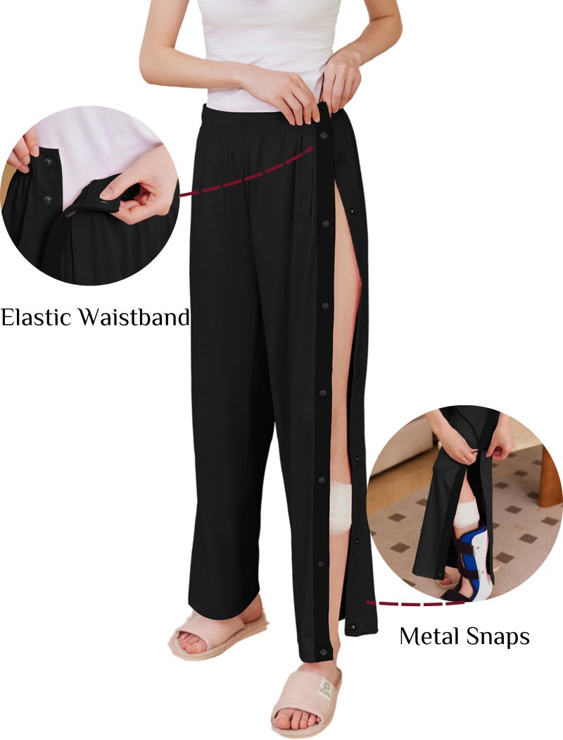 Deyeek Women's Tear Away Pants Side Split Snap Open Bottom Sweatpants Leg Breakaway Post Surgery Pants with Pockets Pure Black - Image 4