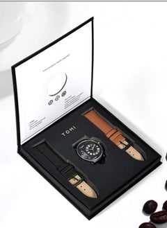 TOMI A distinctively shaped wrist watch with black leather strap and brown bracelet for men from TOMI, in addition to displaying the date on a daily basis.  - Image 1