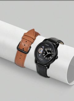 TOMI A distinctively shaped wrist watch with black leather strap and brown bracelet for men from TOMI, in addition to displaying the date on a daily basis.  - Image 2