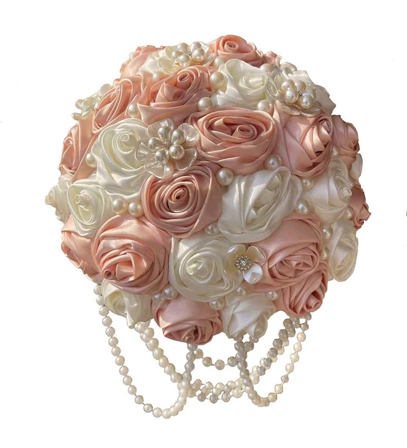 Gkvszy Pink Bridal Wedding Bouquet with Brooch Pearl String Cascade Bouquet for Bride Bridesmaid Quinceanera Satin Rose Flower Bouquet Wedding Pink and Ivory 8.7in - Image 3
