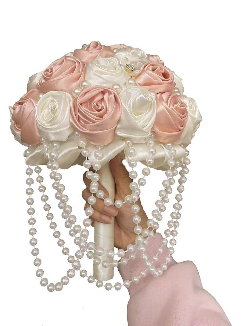 Gkvszy Pink Bridal Wedding Bouquet with Brooch Pearl String Cascade Bouquet for Bride Bridesmaid Quinceanera Satin Rose Flower Bouquet Wedding Pink and Ivory 8.7in - Image 2