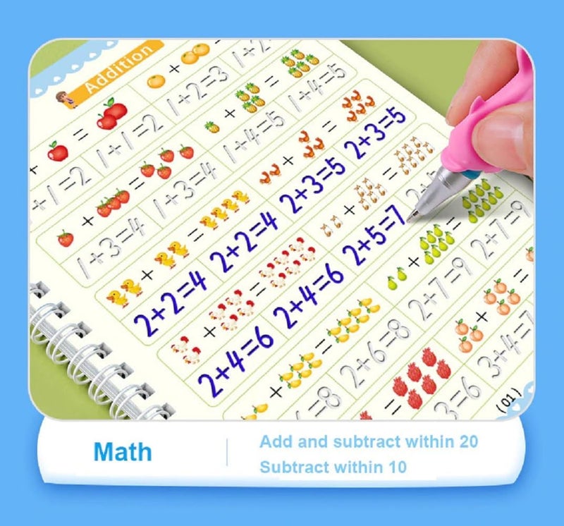 KHUNT ENTERPRISE English Magic Practice Copy Book For Pre-School Kids,Re-Usable Drawing,Alphabet,Numbers And Math Exercise For Children (4 X Books,5 X Refill,1 X Pen,1 X Grip),Multicolor - Image 3
