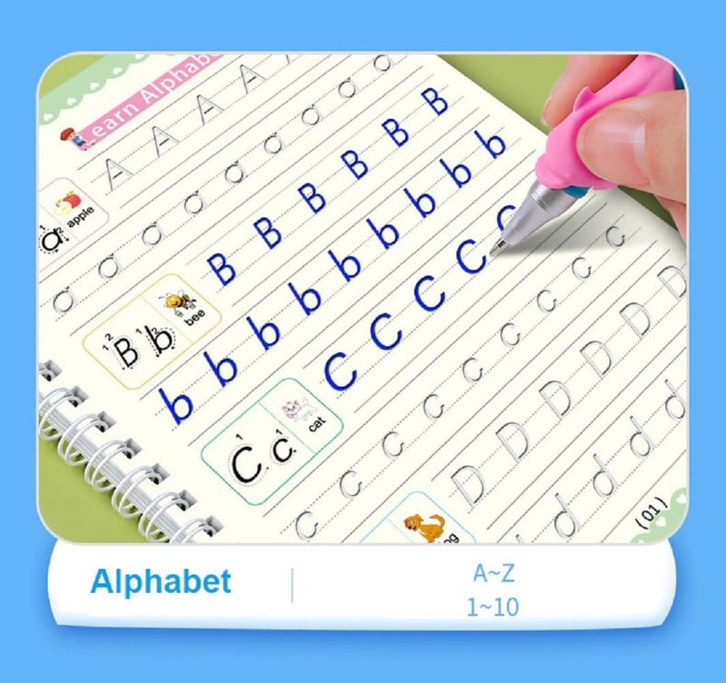 KHUNT ENTERPRISE English Magic Practice Copy Book For Pre-School Kids,Re-Usable Drawing,Alphabet,Numbers And Math Exercise For Children (4 X Books,5 X Refill,1 X Pen,1 X Grip),Multicolor - Image 2