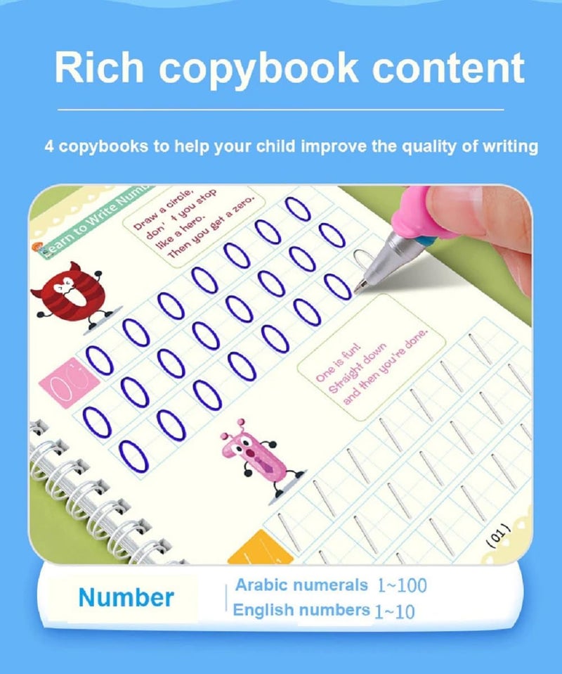 KHUNT ENTERPRISE English Magic Practice Copy Book For Pre-School Kids,Re-Usable Drawing,Alphabet,Numbers And Math Exercise For Children (4 X Books,5 X Refill,1 X Pen,1 X Grip),Multicolor - Image 5