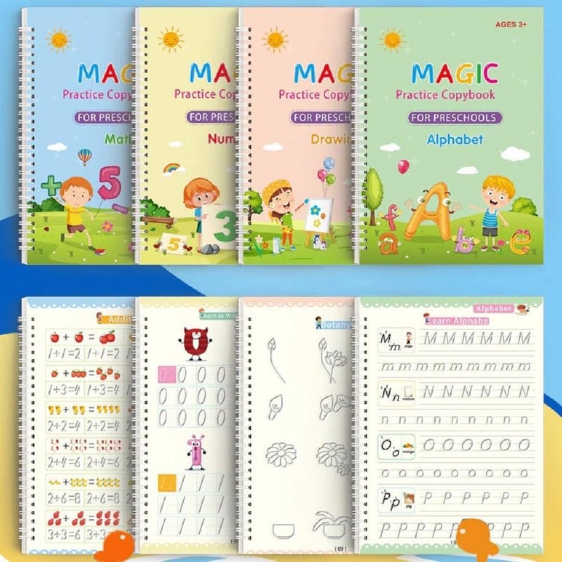 KHUNT ENTERPRISE English Magic Practice Copy Book For Pre-School Kids,Re-Usable Drawing,Alphabet,Numbers And Math Exercise For Children (4 X Books,5 X Refill,1 X Pen,1 X Grip),Multicolor - Image 1