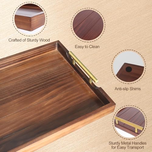 SXNOWS Ottoman Tray, Large Wooden Serving Tray with 2 Sets of Handles for Coffee Table, Rustic Living Room Kitchen Decor, 4 Round Coasters Included, Dark Brown - Image 2