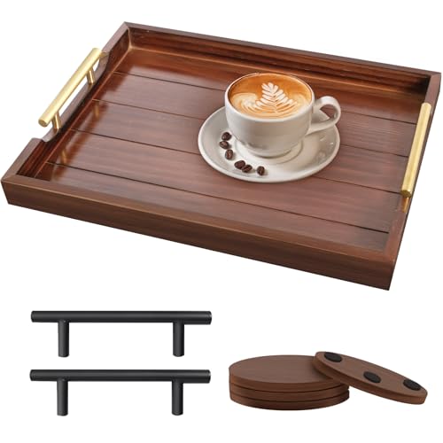 SXNOWS Ottoman Tray, Large Wooden Serving Tray with 2 Sets of Handles for Coffee Table, Rustic Living Room Kitchen Decor, 4 Round Coasters Included, Dark Brown - Image 1