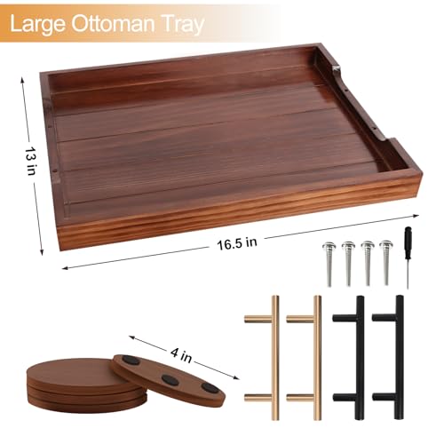 SXNOWS Ottoman Tray, Large Wooden Serving Tray with 2 Sets of Handles for Coffee Table, Rustic Living Room Kitchen Decor, 4 Round Coasters Included, Dark Brown - Image 3