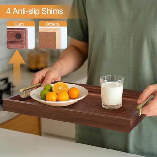 SXNOWS Ottoman Tray, Large Wooden Serving Tray with 2 Sets of Handles for Coffee Table, Rustic Living Room Kitchen Decor, 4 Round Coasters Included, Dark Brown - Image 4