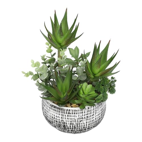 Villa Como 11” Large Succulents Aloe Plants Artificial in Ceramic Pots Potted Faux Succulent Eucalyptus Arrangement with Black Bowl Pots Fake Desk Succulents Plants for Home Bathroom Shelf Table Indoor Decor - Image 1