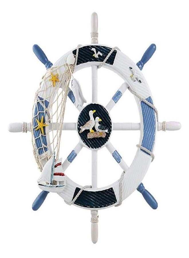 Gesteh Nautical Beach Wooden Boat Ship Steering Wheel Fishing Net Shell Home Wall Decor (18 inches) - Image 2
