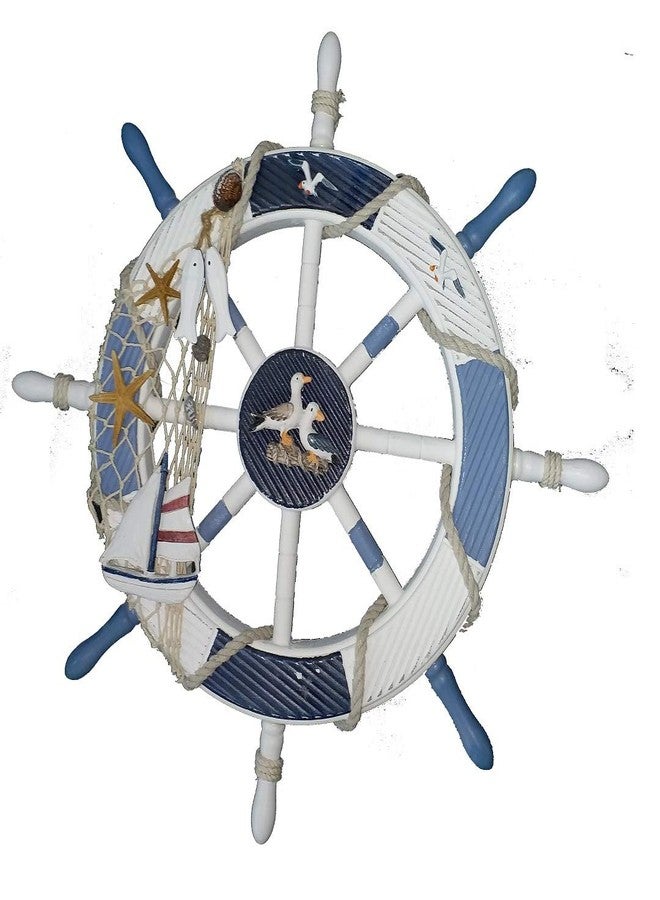 Gesteh Nautical Beach Wooden Boat Ship Steering Wheel Fishing Net Shell Home Wall Decor (18 inches) - Image 1