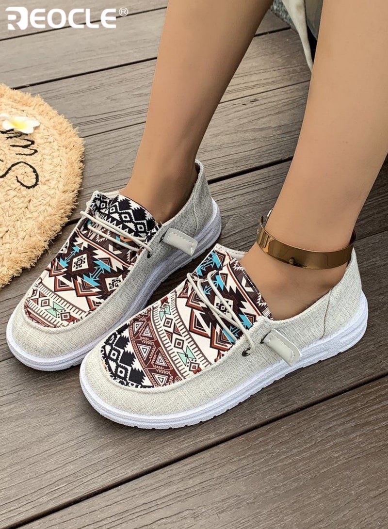 REOCLE Women's Outdoor Leisure Flat with Ethnic Print and Comfortable Fit Versatile Casual Shoe for Daily Outings - Image 1