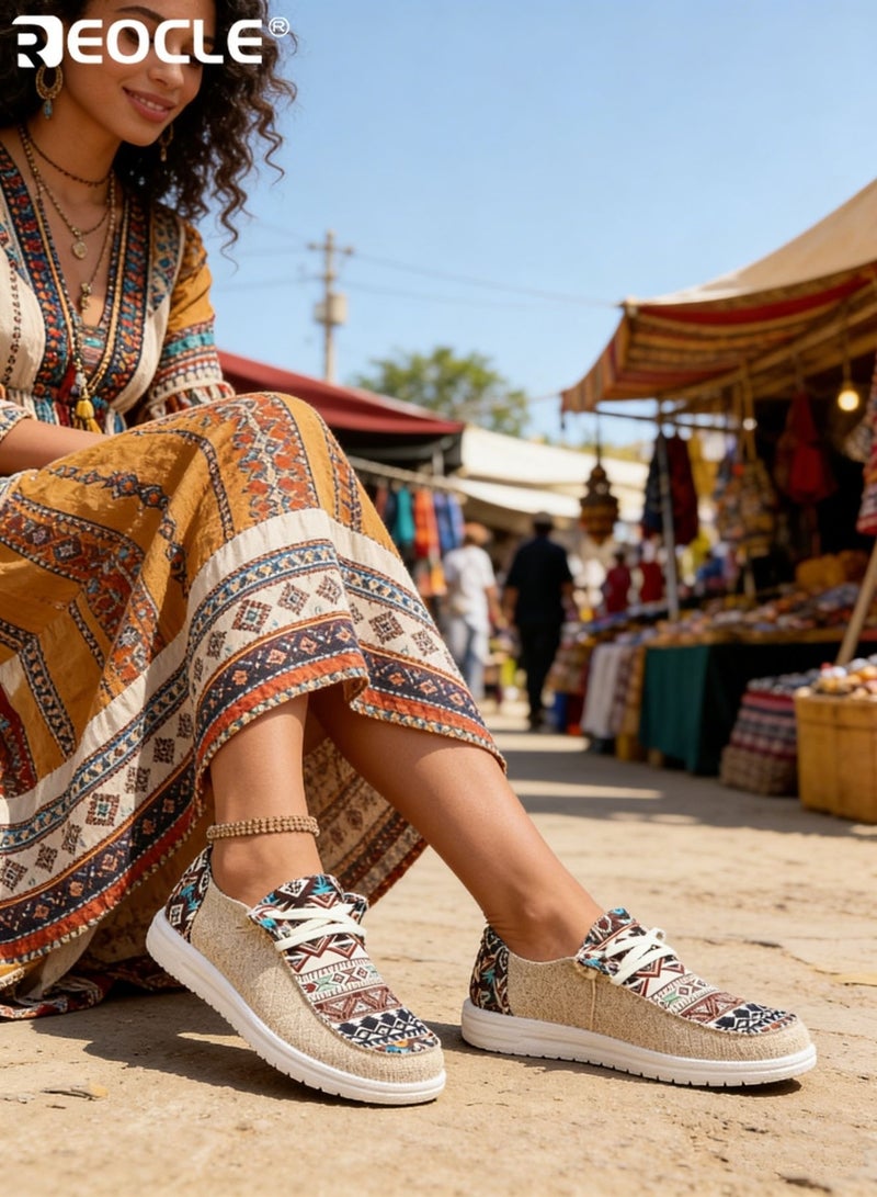 ريوكل حذاء نسائي مسطح للترفيه في الهواء الطلق مع طباعة عرقية ومقاس مريح، حذاء غير رسمي متعدد الاستخدامات للخروجات اليومية - Image 1