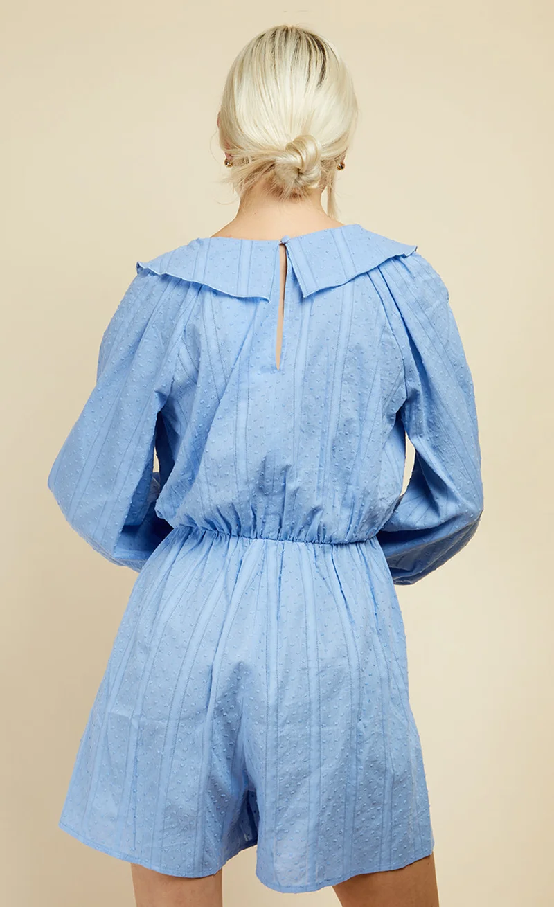 Little Mistress Cornflower Dobby Spot Frill Playsuit