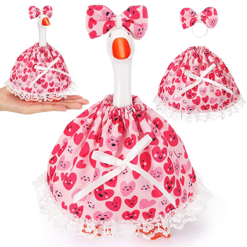 Simlakey 1 Set Valentines Day 7 Inch Mini Desk Goose Outfits Romantic Dress and Bow Hat Desk Goose Costume for Duck Statue Decor (Smiling) - Image 1