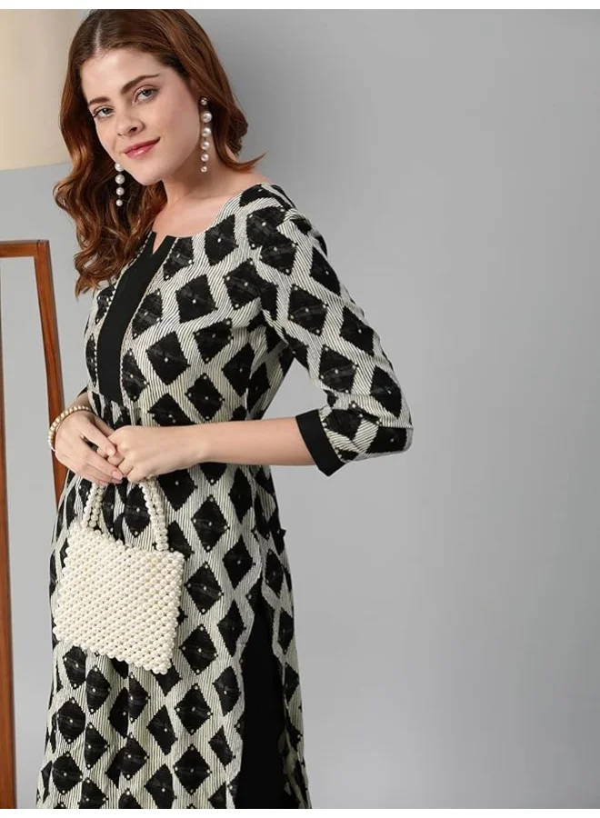 GoSriKi  GoSriKi Women's Cotton Blend Chex Printed Straight Kurta with Pant (Chix Black-GS_XL_Black_X-Large) for Women | Best Price UAE