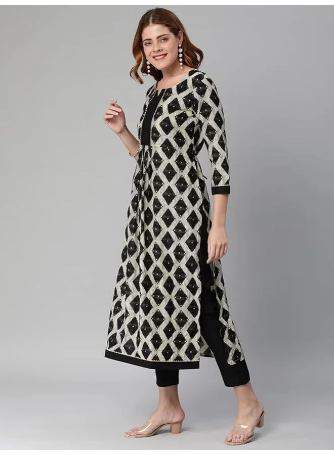 GoSriKi  GoSriKi Women's Cotton Blend Chex Printed Straight Kurta with Pant (Chix Black-GS_XL_Black_X-Large) for Women | Best Price UAE