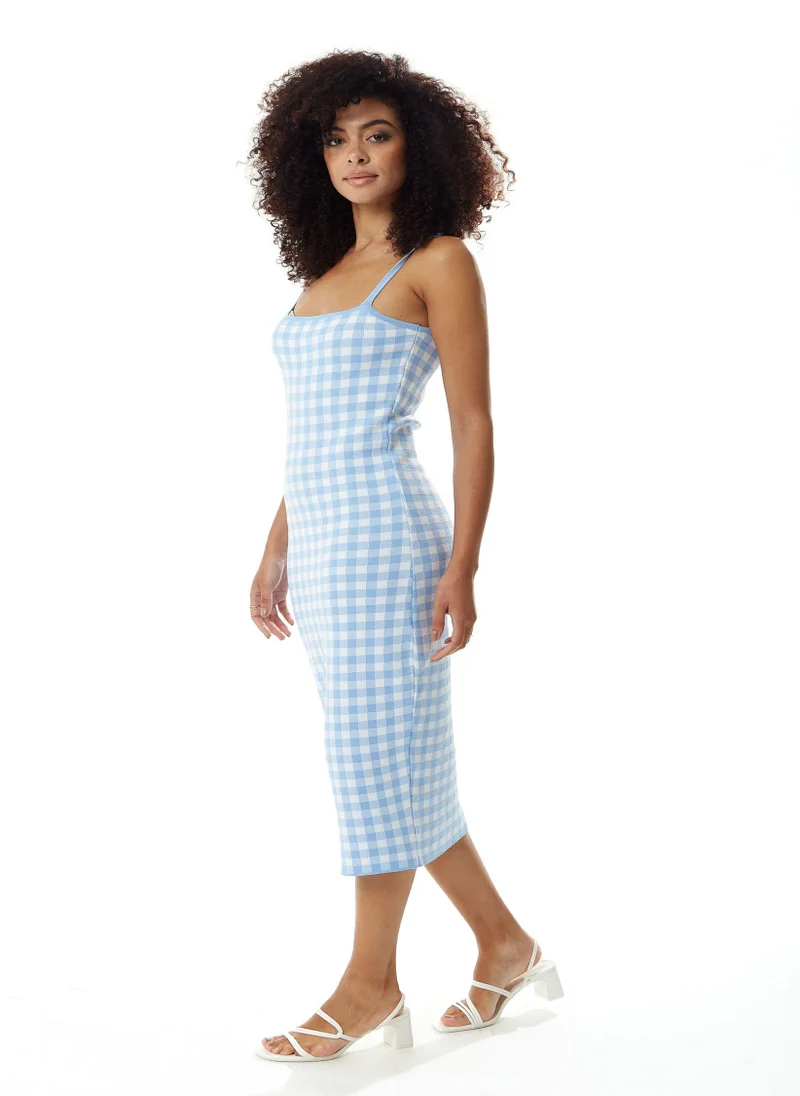 Liquorish Knitted Dress in Blue and White Check
