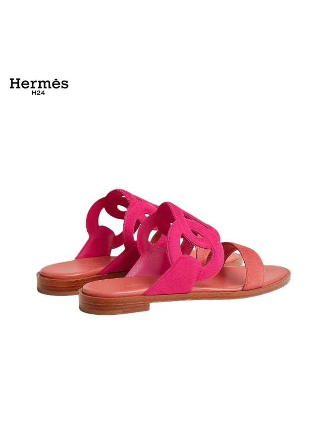 Hermes H24 صندل هيرميس H24 Lagune من جلد الغزال وجلد الماعز، مفتوح من الأمام، بدون أربطة، بكعب 1 سم للنساء، باللون الوردي الكرزي والكستنائي - Image 3