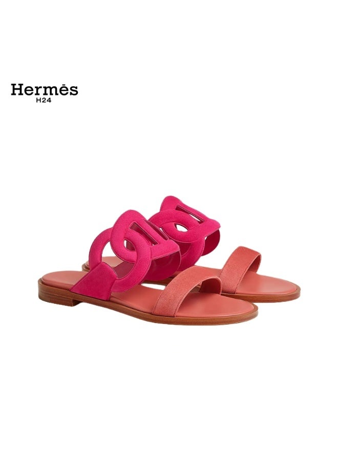 Hermes H24 صندل هيرميس H24 Lagune من جلد الغزال وجلد الماعز، مفتوح من الأمام، بدون أربطة، بكعب 1 سم للنساء، باللون الوردي الكرزي والكستنائي - Image 1