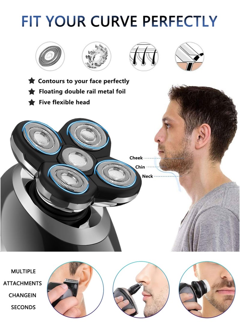 CAYGA Bald Head Shaver 5-in-1 Electric Shaver Kit for Men Multifunctional Rotary Head & Face Grooming Kit Waterproof USB Rechargeable Cordless with LED Display - Image 5