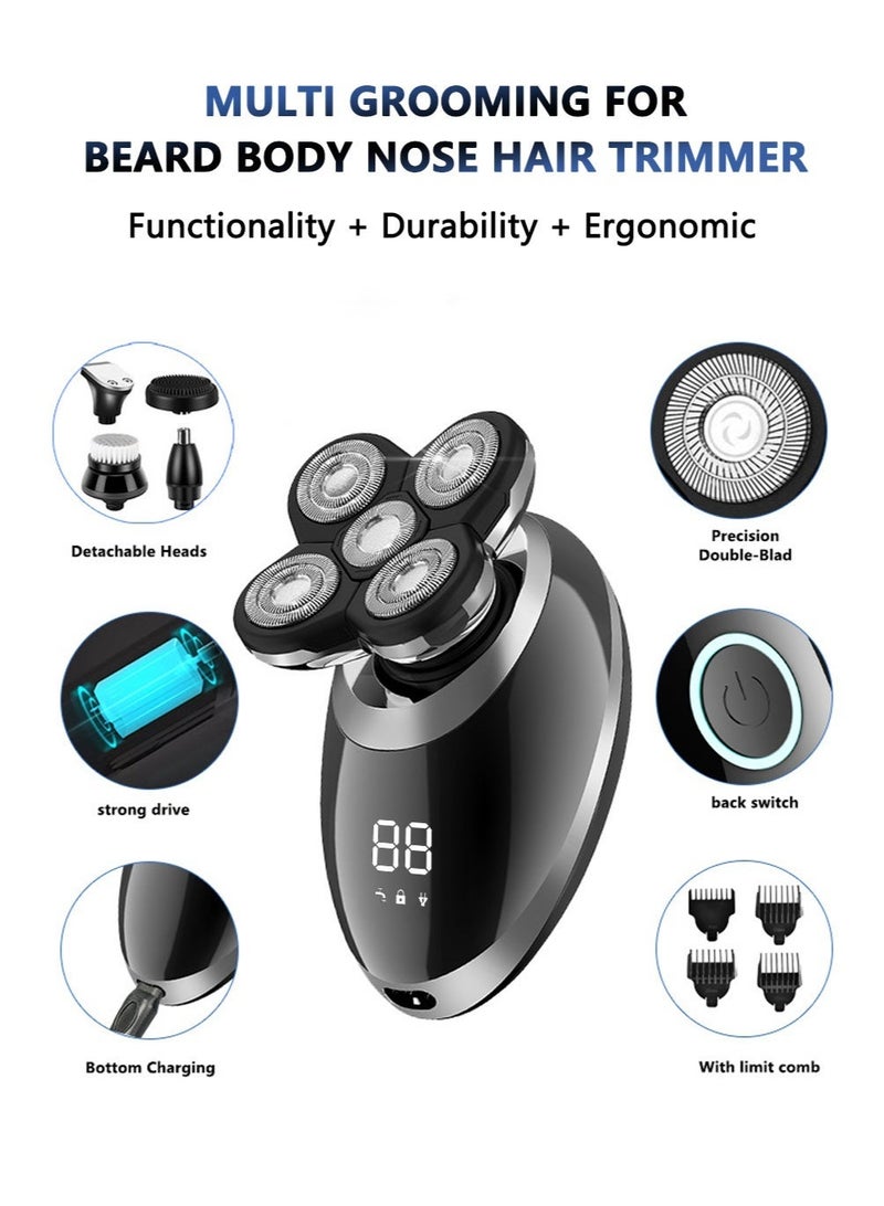 CAYGA Bald Head Shaver 5-in-1 Electric Shaver Kit for Men Multifunctional Rotary Head & Face Grooming Kit Waterproof USB Rechargeable Cordless with LED Display - Image 1