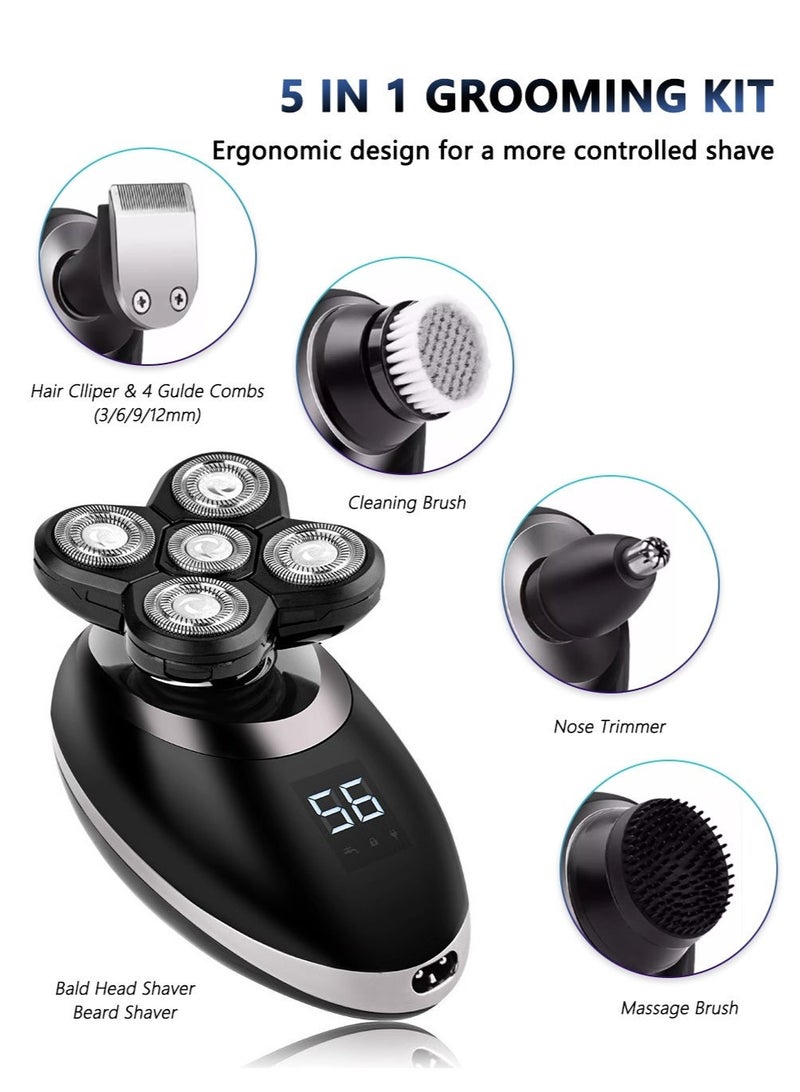 CAYGA Bald Head Shaver 5-in-1 Electric Shaver Kit for Men Multifunctional Rotary Head & Face Grooming Kit Waterproof USB Rechargeable Cordless with LED Display - Image 3