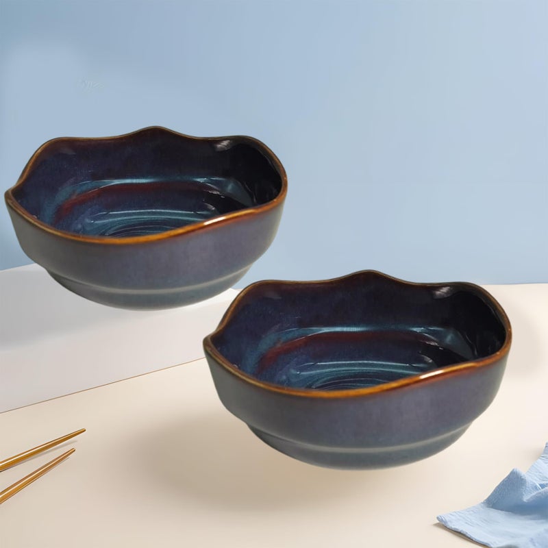 Lemon Tree Ceramic 2 pc Serving Snack Cereal Multipurpose Bowl Set in Reactive Glaze Finish (Dark Blue) - Image 1