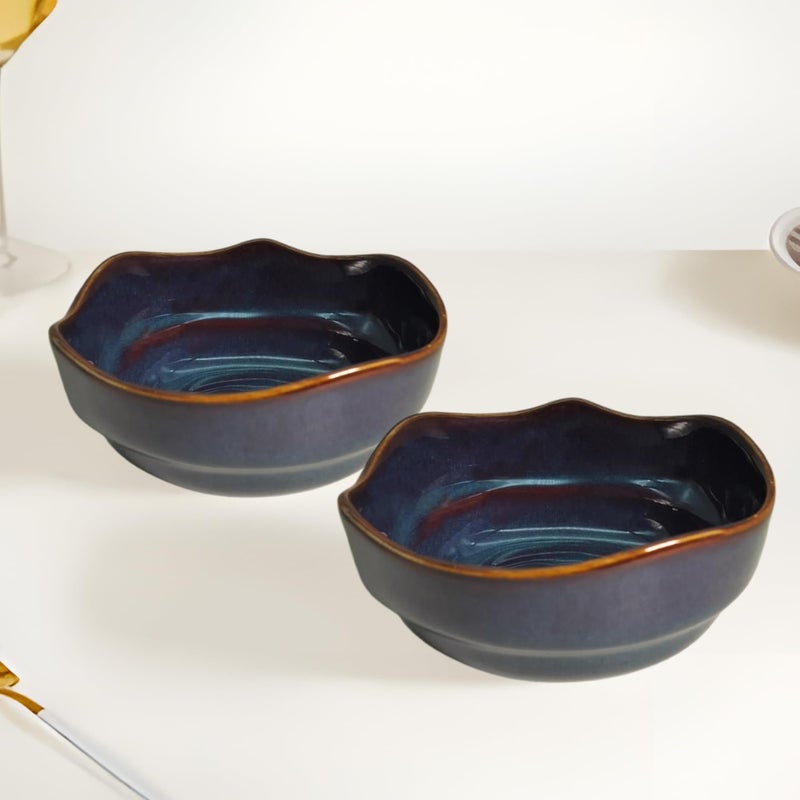 Lemon Tree Ceramic 2 pc Serving Snack Cereal Multipurpose Bowl Set in Reactive Glaze Finish (Dark Blue) - Image 2