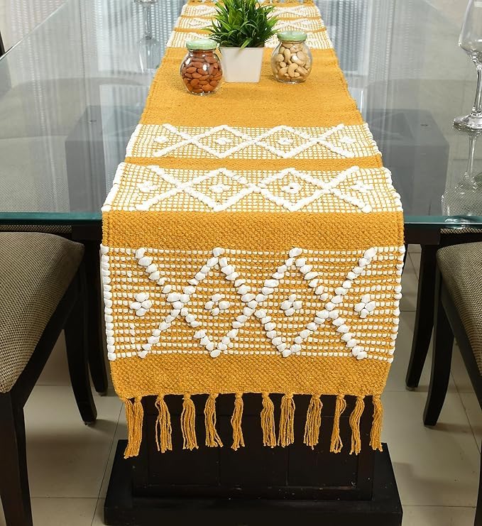 POSHREYA Cotton Table Runner for 4 6 Seater Dining Table|Centre Table|Living Room|Table Decor(14*72 INCHES)|Yellow D|PSTR 022 - Image 1