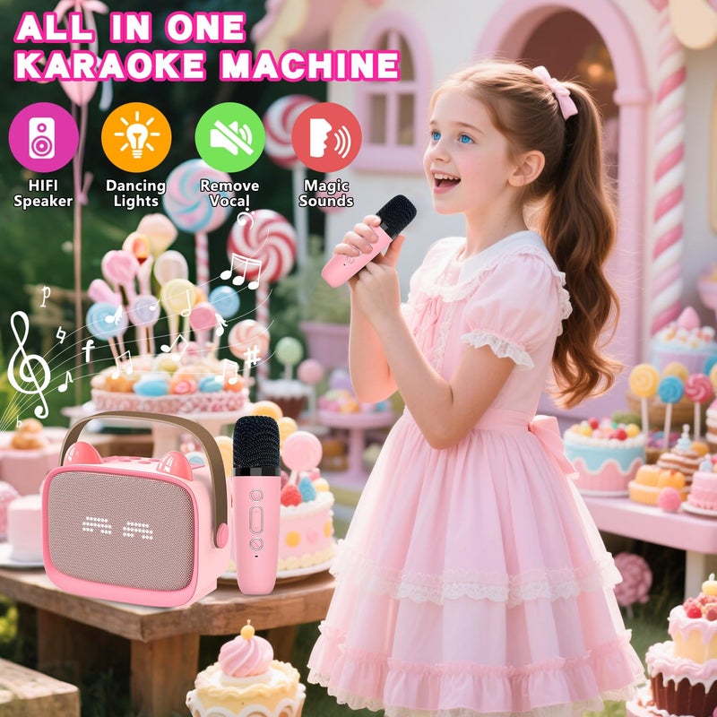 Mgaolo Upgraded Mini Karaoke Machine Toy for Kids, Portable Bluetooth Speaker with 2 Wireless Mics, Emoji & Colorful LED Lights, Home Travel & Party Play Gifts for Boys Girls (Pink) - Image 2