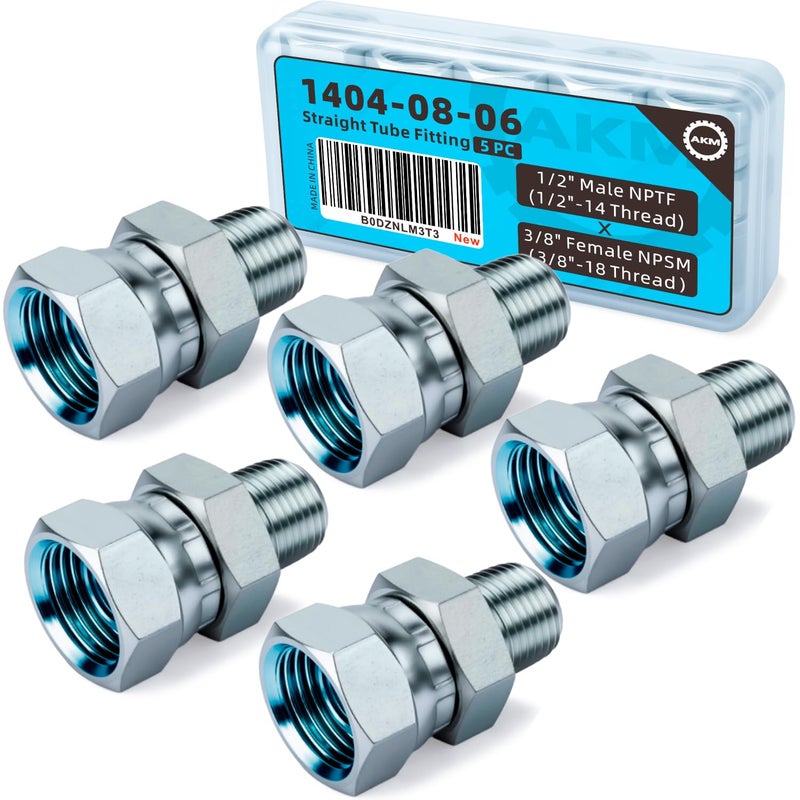 AKM Straight Hydraulic Hose Adapter Fittings 14040806 1214 NPT Male Pipe x 3818 NPSM Female Pipe Swivel Connectors x 5 pack - Image 2