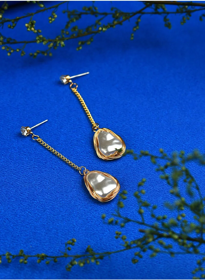 SOHI White Peal Beaded Contemporary Drop Earrings
