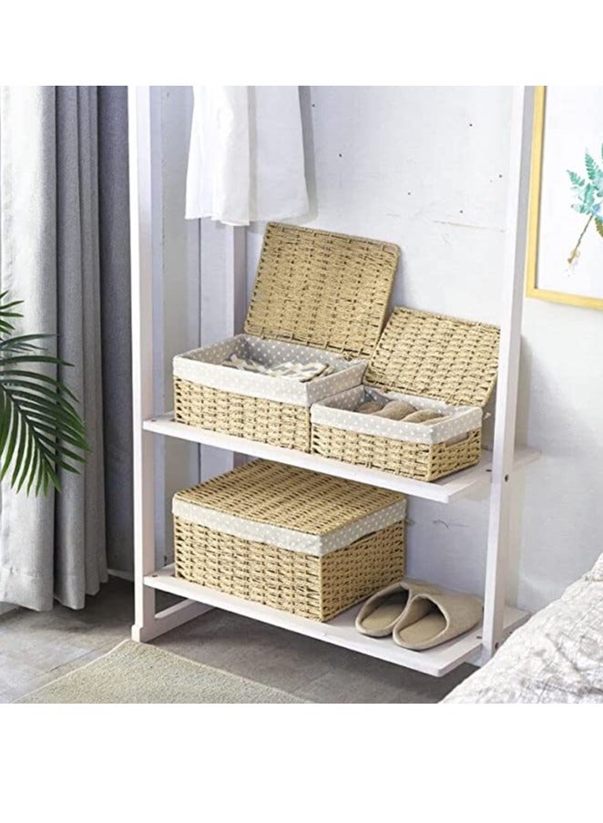 HOME TASTE Set of 3 Woven Storage Baskets for Shelves Rattan Organizer Boxes with Lid and Handles Wicker Shelf Basket for Bedroom Living room - Image 4