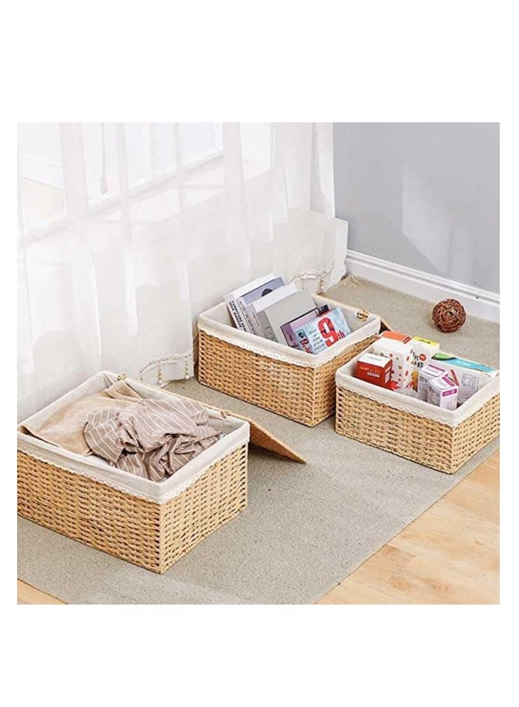 HOME TASTE Set of 3 Woven Storage Baskets for Shelves Rattan Organizer Boxes with Lid and Handles Wicker Shelf Basket for Bedroom Living room - Image 3