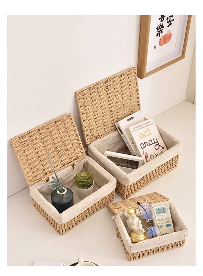 HOME TASTE Set of 3 Woven Storage Baskets for Shelves Rattan Organizer Boxes with Lid and Handles Wicker Shelf Basket for Bedroom Living room - Image 1