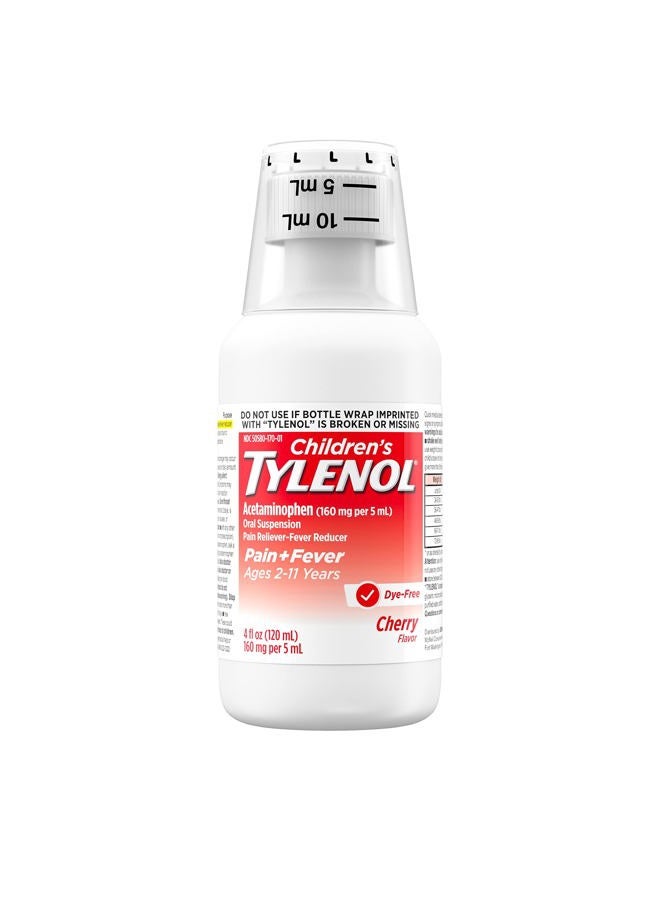 Tylenol Children's Liquid Oral Suspension Pain Reliever & Fever Reducer with Acetaminophen, Aspirin-, Ibuprofen-, High Fructose Corn Syrup- & Dye-Free, Cherry, 4 Fl. Oz - Image 2