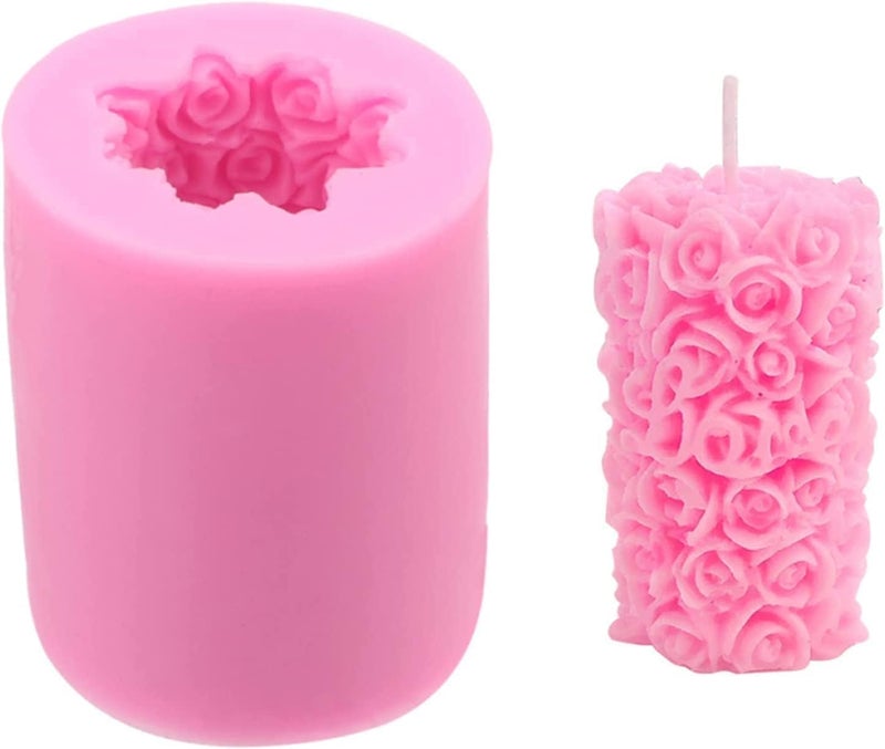HUSAINI MART Rose Pillar Candle Mould Cylinder 3D Rose Flower Candle Mold for DIY Candle Making Waxmelts Aromatherapy Polymer Clay Craft Soap Resin Casting Home Decoration Rose Plaster Home Decor Candles