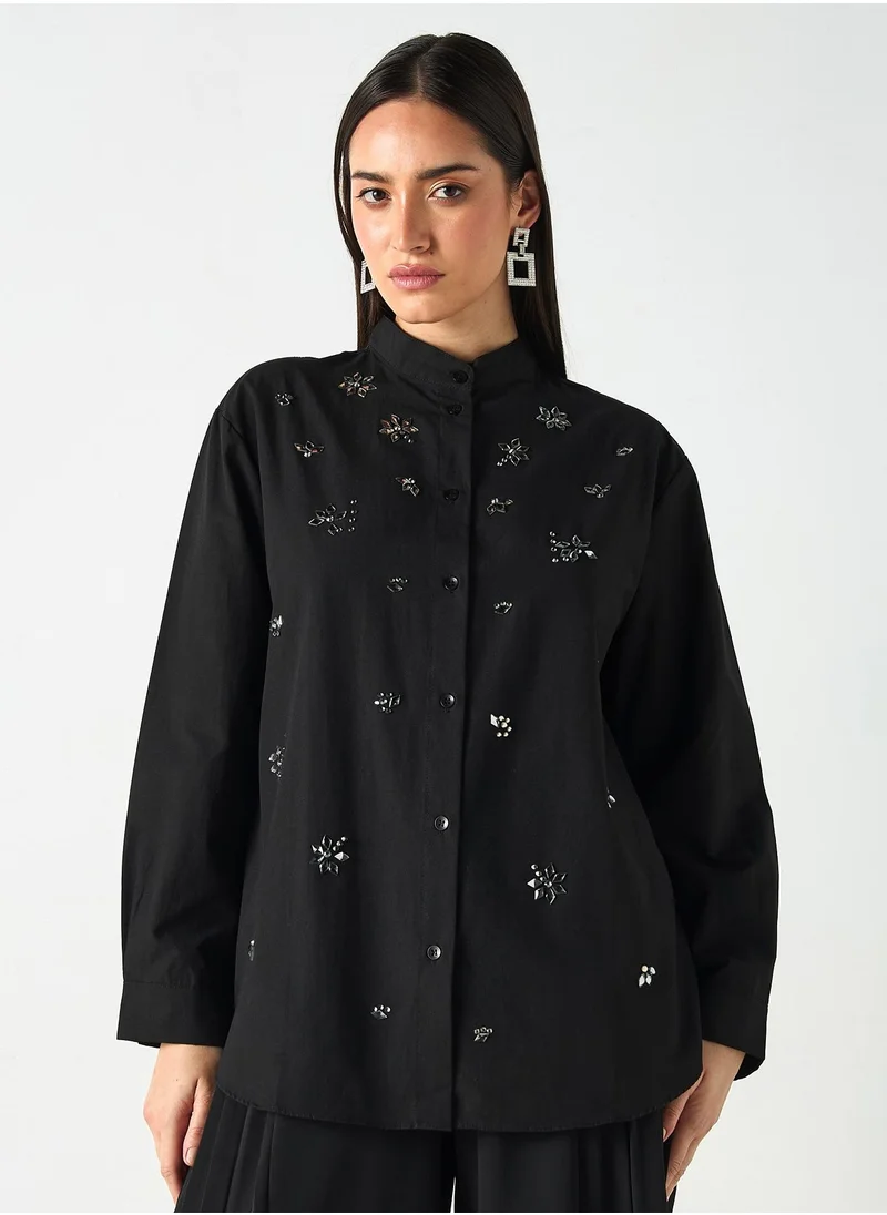 سنوار Embellished Mandarin Collar Shirt with Long Sleeves