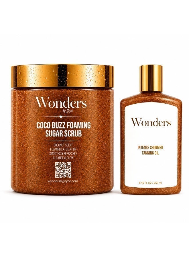 Wonders Coco Buzz Foaming Sugar Scrub 500ml (Coconut Exfoliating Body Polish) + Dark Tanning Oil With Shimmer (Golden Shimmer Bronze Glow) | 2-Step Exfoliate & Tan Set - Image 1