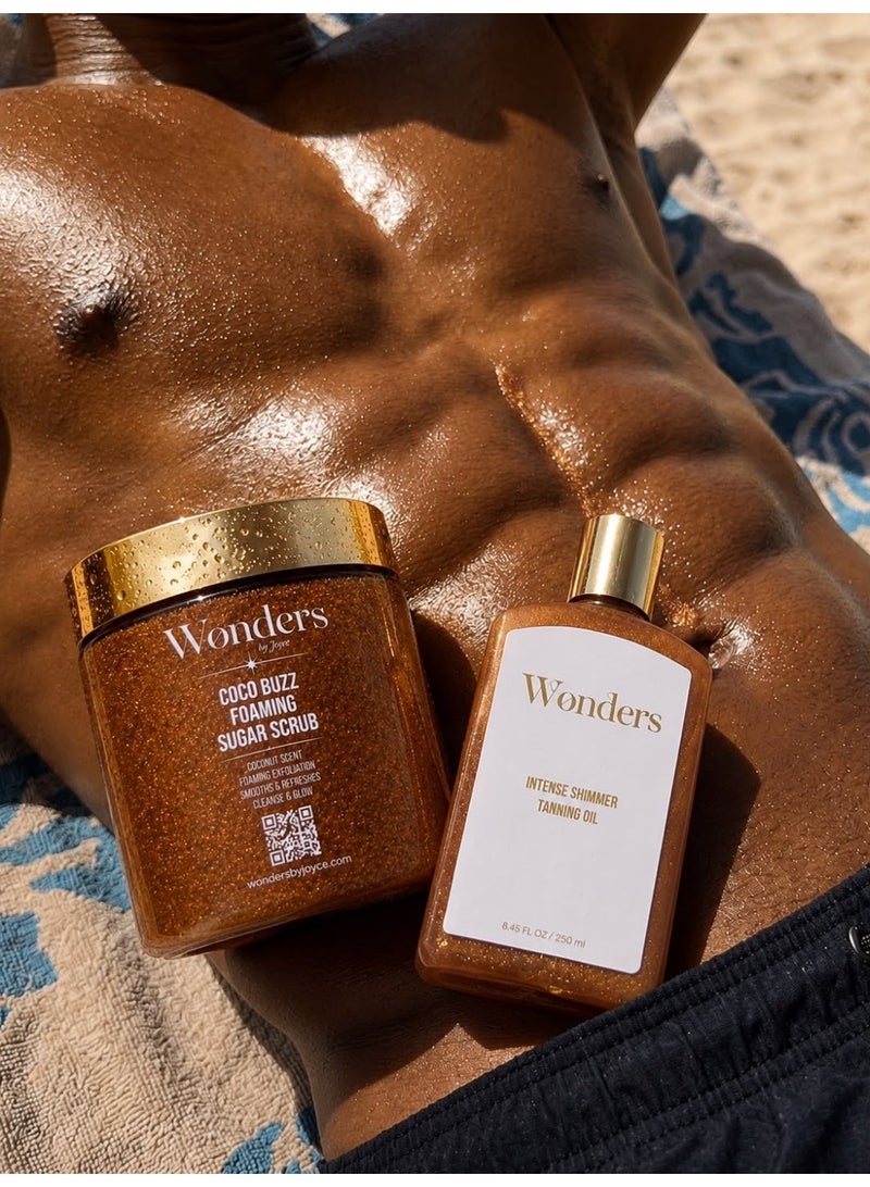 Wonders Coco Buzz Foaming Sugar Scrub 500ml (Coconut Exfoliating Body Polish) + Dark Tanning Oil With Shimmer (Golden Shimmer Bronze Glow) | 2-Step Exfoliate & Tan Set - Image 2