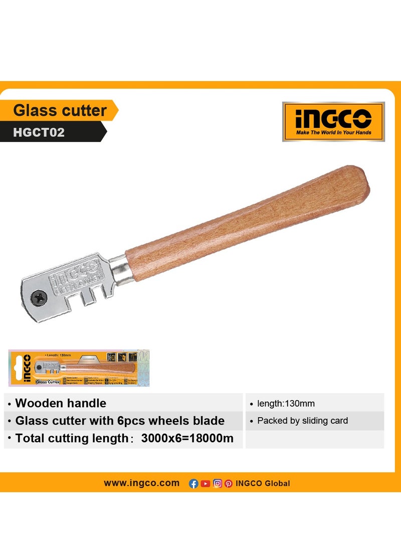 INGCO Glass Cutter HGCT02 – 130 mm Wooden Handle with 6‑Wheel Blade - Image 2